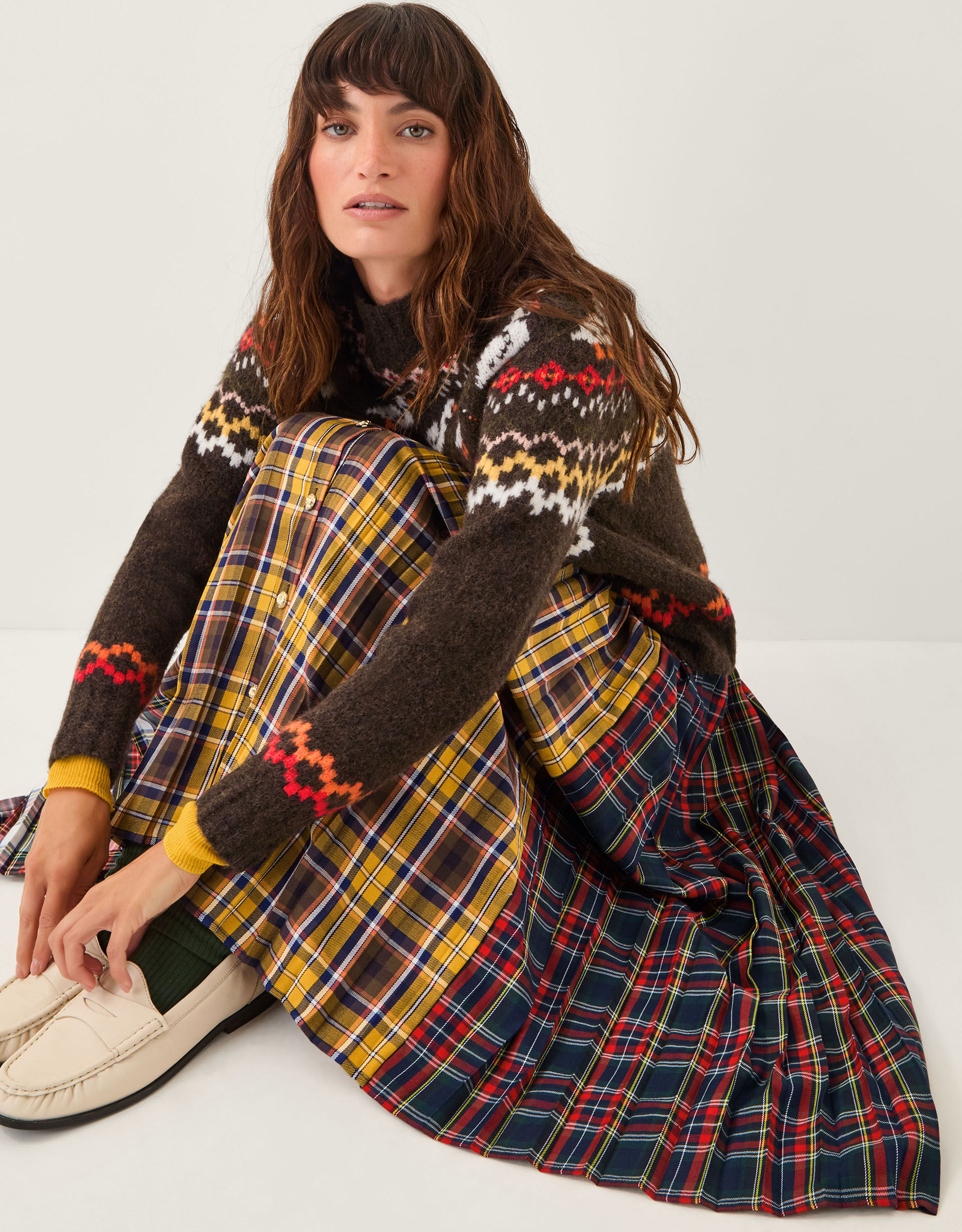 Monsoon x Sarah Corbett-Winder Tartan Pleated Midi Skirt Yellow