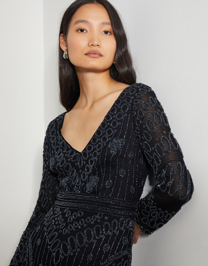 Lorelai Beaded Long Sleeve Maxi Dress, Black (BLACK), large