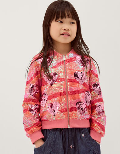Sequin Heart Bomber Jacket, Pink (PINK), large