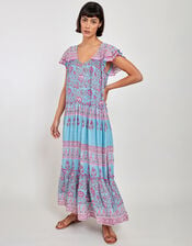 East Print Frill Sleeve Dress, Blue (AQUA), large