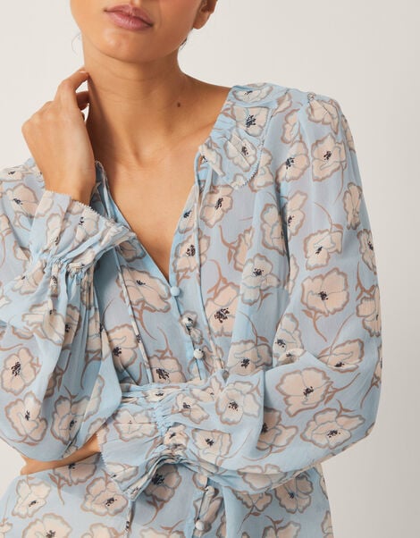 Chloe Floral Ruffle Blouse, Blue (BLUE), large