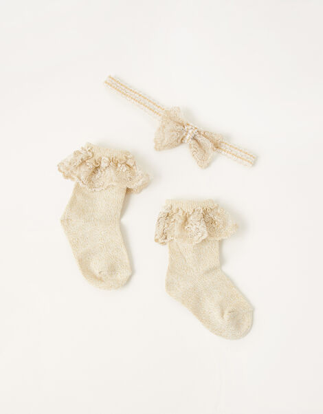 Baby Sparkle Bow Bando and Sock Set Gold, Gold (GOLD), large