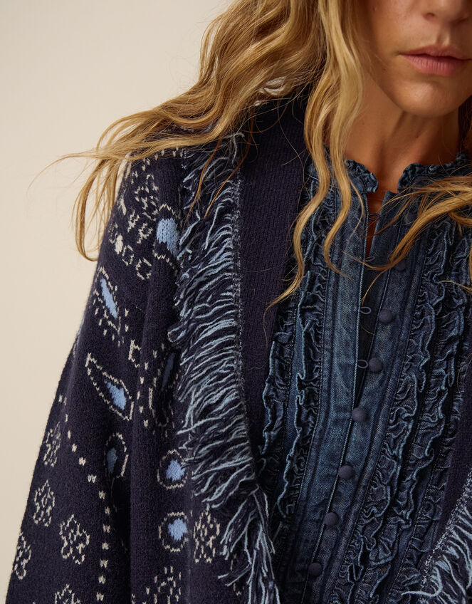 Payton Paisley Fringe Cardigan, Blue (NAVY), large