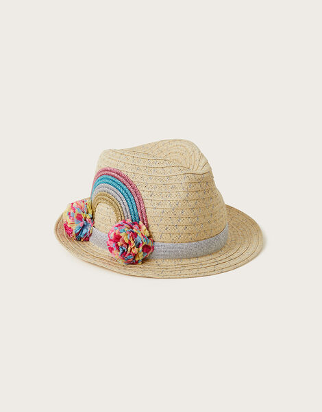 Rainbow Pom-Pom Trilby Hat, Natural (NATURAL), large