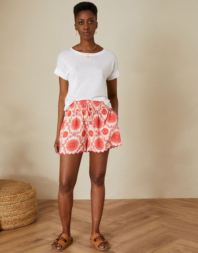 Medallion Print Shirred Waist Shorts in LENZING™ ECOVERO™, Cream (CREAM), large
