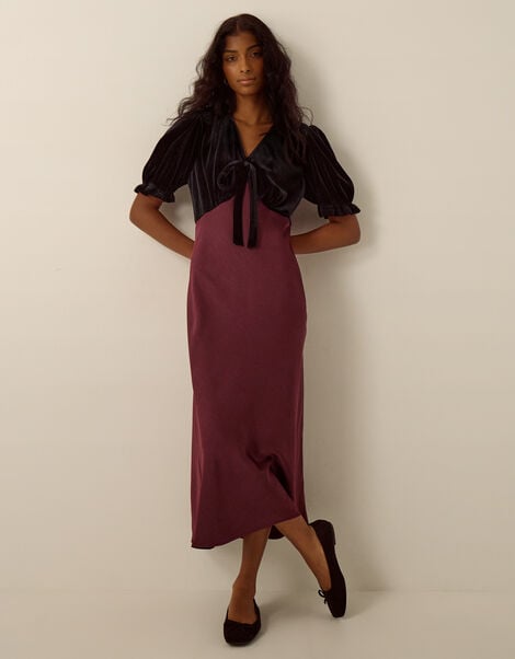 Fiona Puff Sleeve Velvet Satin Midi Dress, Red (WINE), large
