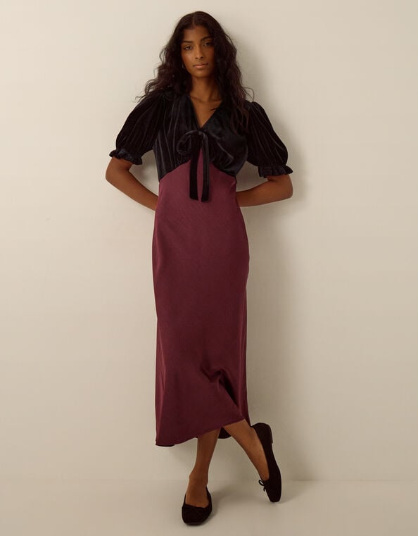 Fiona Puff Sleeve Velvet Satin Midi Dress, Red (WINE), large