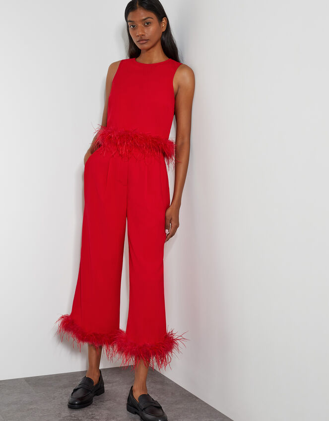 Monsoon x Sarah Corbett-Winder Feather Trim Crop Top, Red (RED), large