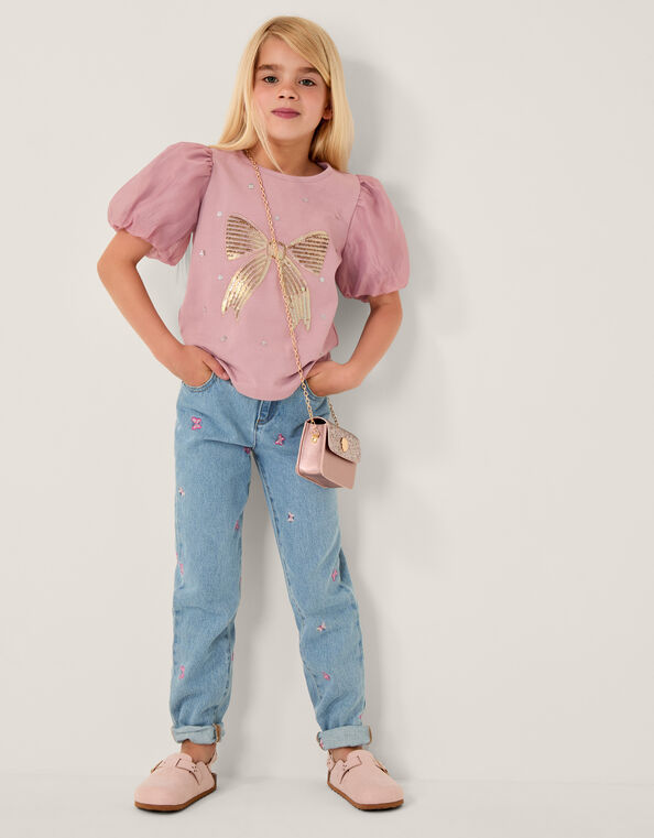 Sequin Bow Puff Sleeve T-Shirt, Purple (PURPLE), large