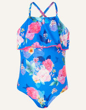 Floral Print Frill Swimsuit, Blue (BLUE), large