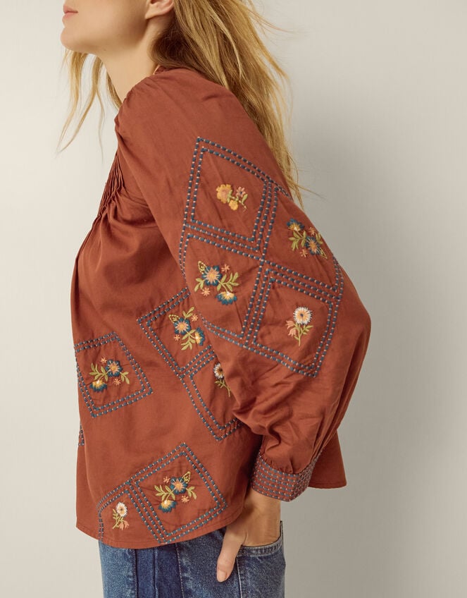 Sadie Embroidered Pintuck Blouse, Orange (RUST), large
