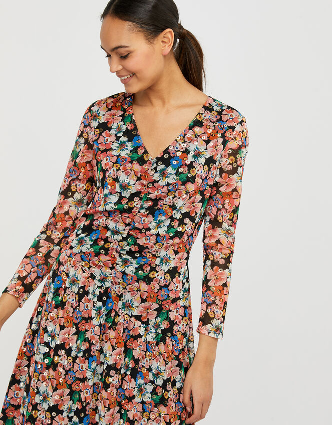 Flore Floral Mesh Asymmetric Hem Dress, Multi (MULTI), large
