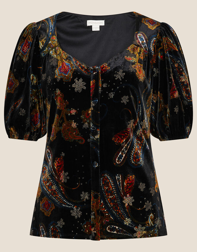 Rowen Paisley Print Velvet Top, Black (BLACK), large