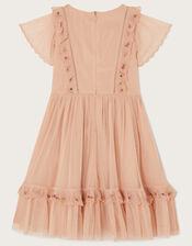 Embroidered Mesh Frill Dress, Pink (PINK), large