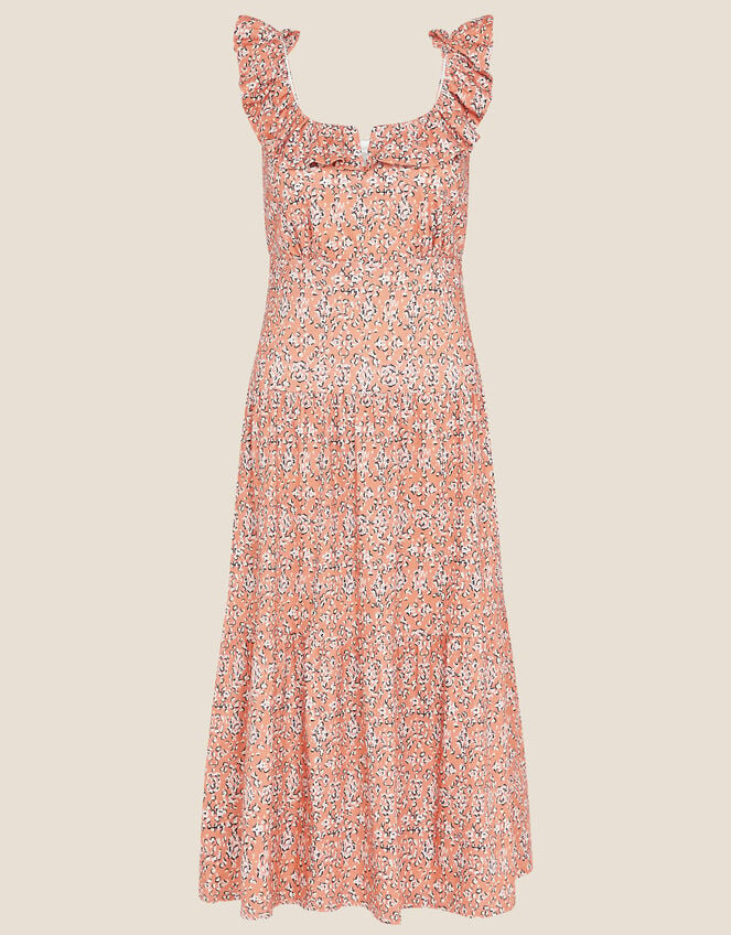 Ruffle Neck Printed Jersey Dress, Orange (ORANGE), large