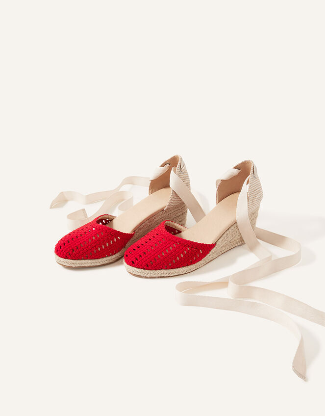 Cut-Out Detail Tie Up Espadrille Wedges, Red (RED), large