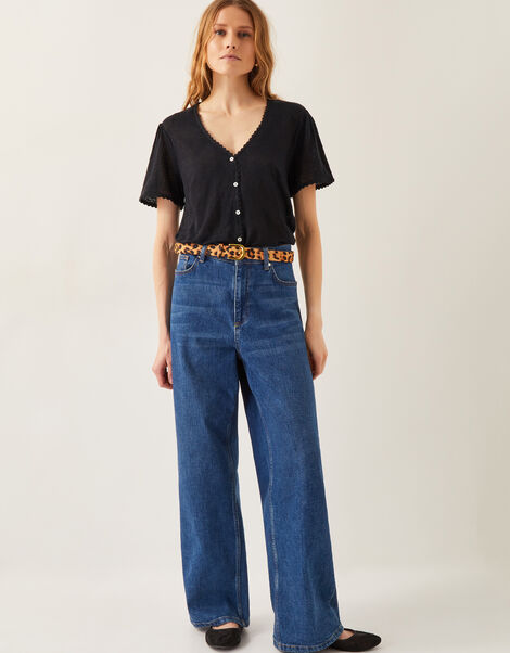 Imogen Button-Front Linen T-Shirt, Black (BLACK), large