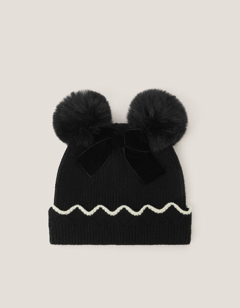 Scallop Bow Pom-Pom Beanie Hat, Black (BLACK), large