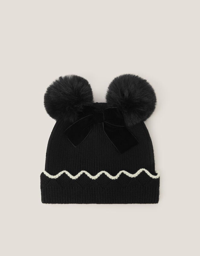 Scallop Bow Pom-Pom Beanie Hat, Black (BLACK), large