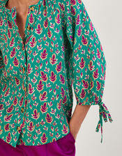 Print Tie Cuff Button Through Linen Blouse, Green (GREEN), large