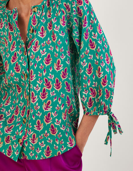 Print Tie Cuff Button Through Linen Blouse, Green (GREEN), large