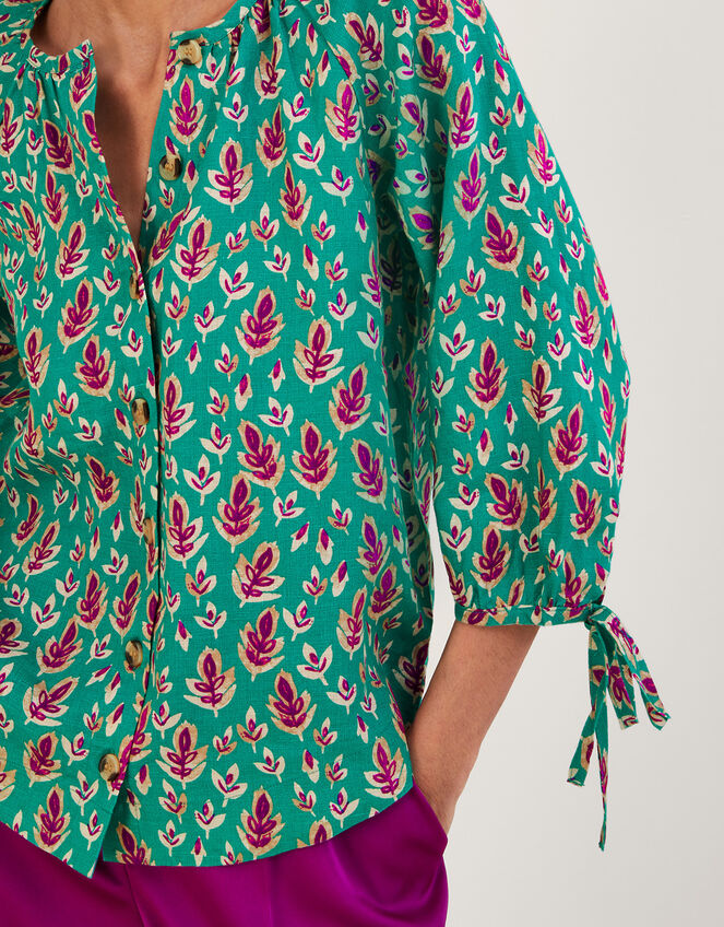 Print Tie Cuff Button Through Linen Blouse, Green (GREEN), large