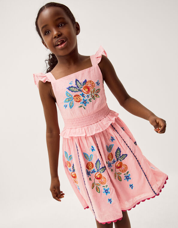 Fruit Embroidered Square Neck Dress, Pink (PINK), large