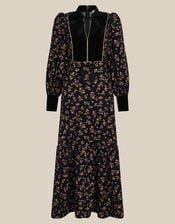 Monsoon x Queens of Archive Lola Velvet Bib Floral Corduroy Maxi Dress​, Black (BLACK), large