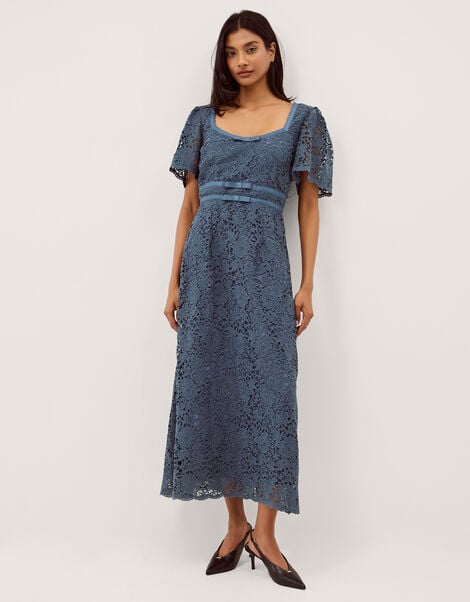 Regina Short Sleeve Lace Midi Dress, Blue (PETROL), large