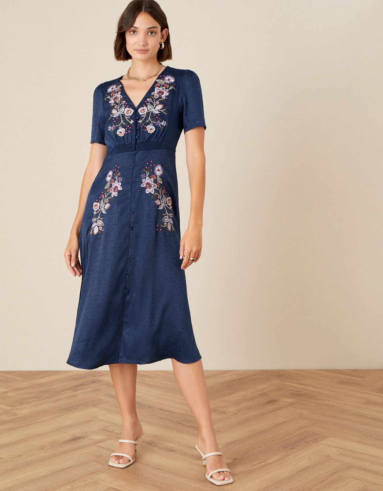 Embroidered Placement Jacquard Dress Blue Day Dresses Monsoon