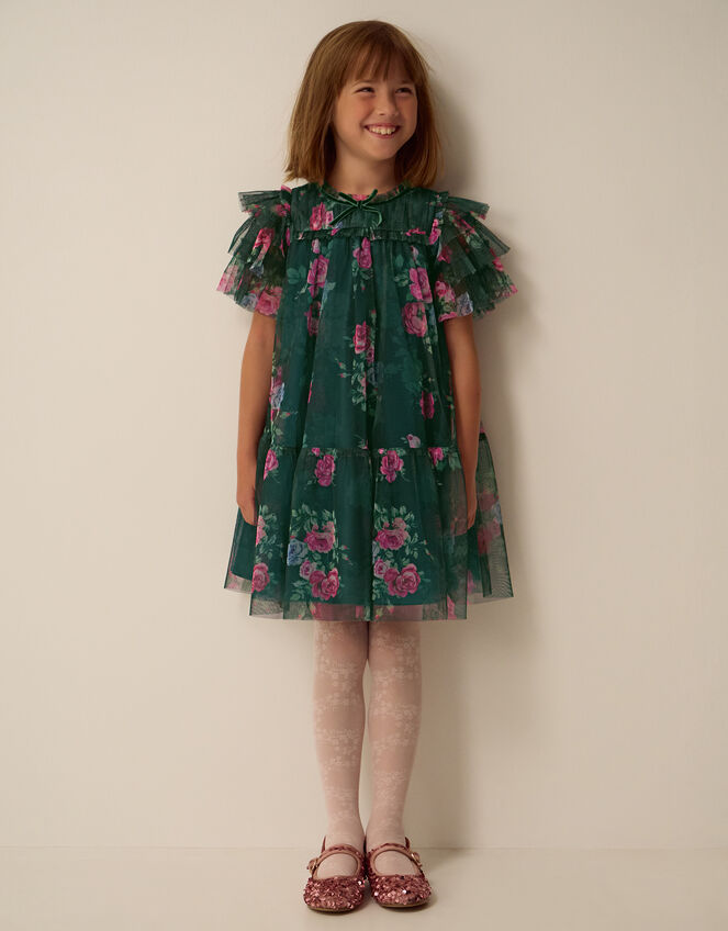Thalia Rose Print Tulle Party Dress, Green (GREEN), large