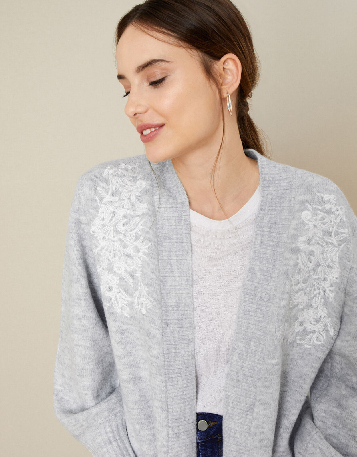 Isabella Embroidered Cosy Cardigan Grey