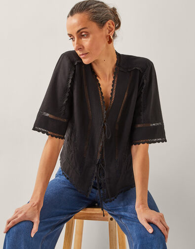 Hayley Embroidered Linen Blend Tie Top, Black (BLACK), large