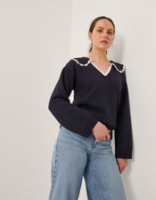 Clay Collar V-Neck Jumper, Blue (NAVY), large