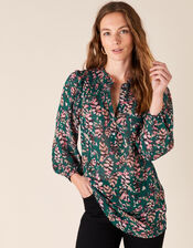 Feather Print Blouse in Sustainable Viscose, Green (DARK GREEN), large