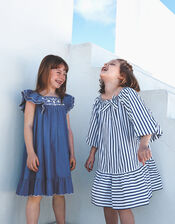Stripe Puff Sleeve Dress, White (WHITE), large