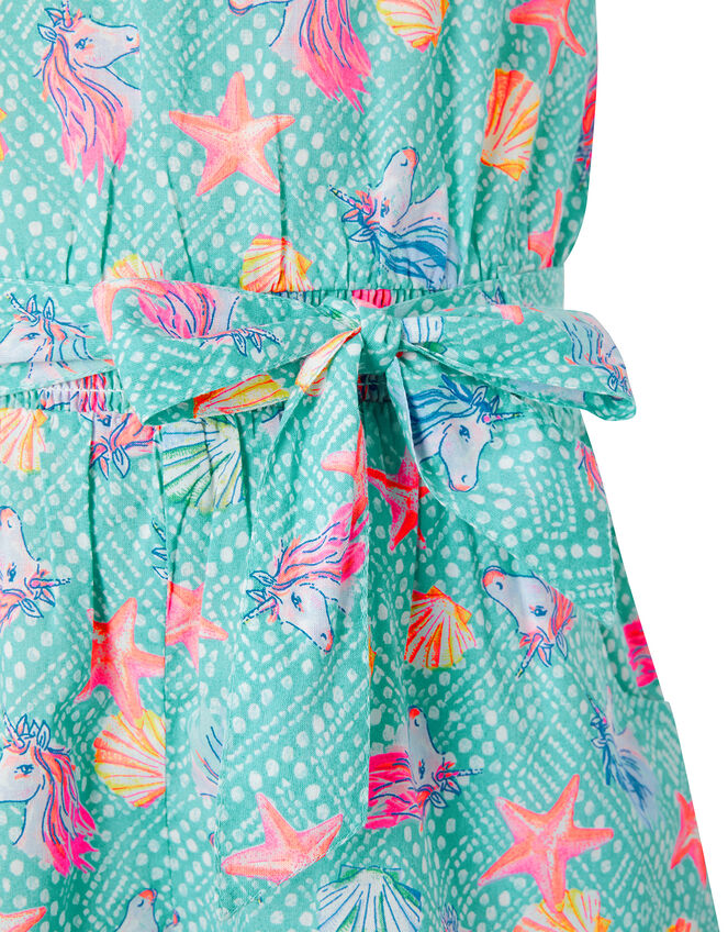 Laverna Unicorn Print Playsuit in Organic Cotton, Blue (TURQUOISE), large