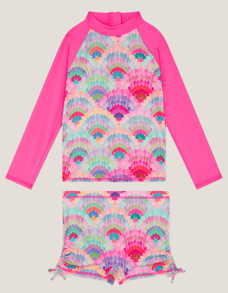 Rainbow Shell Print UPF50+ Long Sleeve Swim Set, Pink (PINK), large