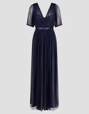 Ellie Sheer Sleeve Plunge Tulle Maxi Dress, Blue (NAVY), large
