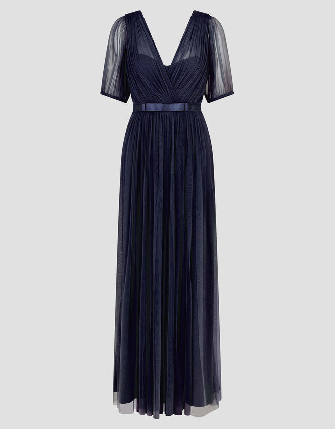 Ellie Sheer Sleeve Plunge Tulle Maxi Dress, Blue (NAVY), large