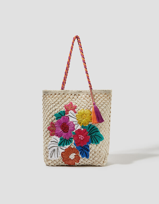 Zoe Embroidered Crochet Tote Bag, , large