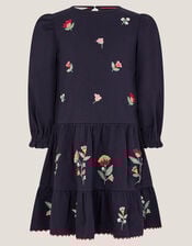 Floral Embroidered Tiered Dress, Blue (NAVY), large
