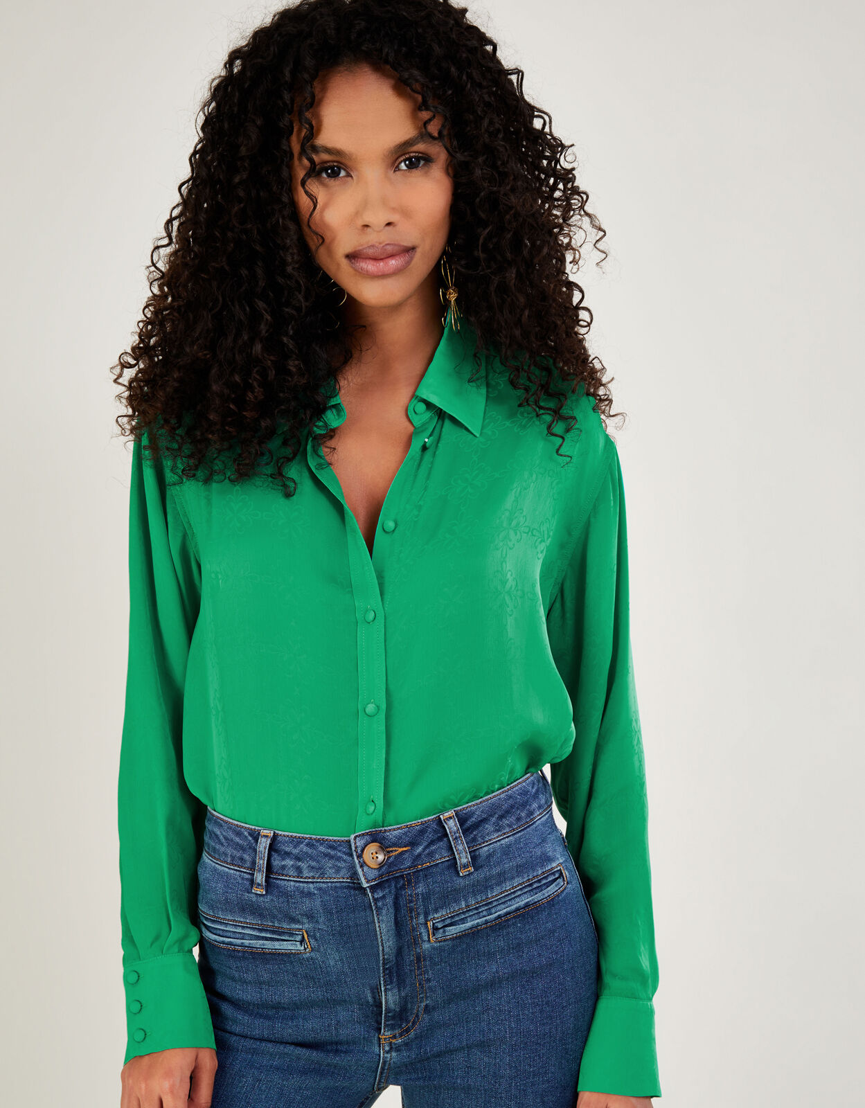Saskia Button Through Satin Blouse Green Tops T shirts