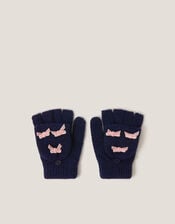 Bow Fingerless Gloves with Mittens, Blue (NAVY), large