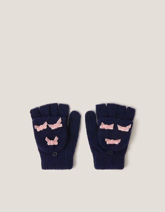 Bow Fingerless Gloves with Mittens, Blue (NAVY), large