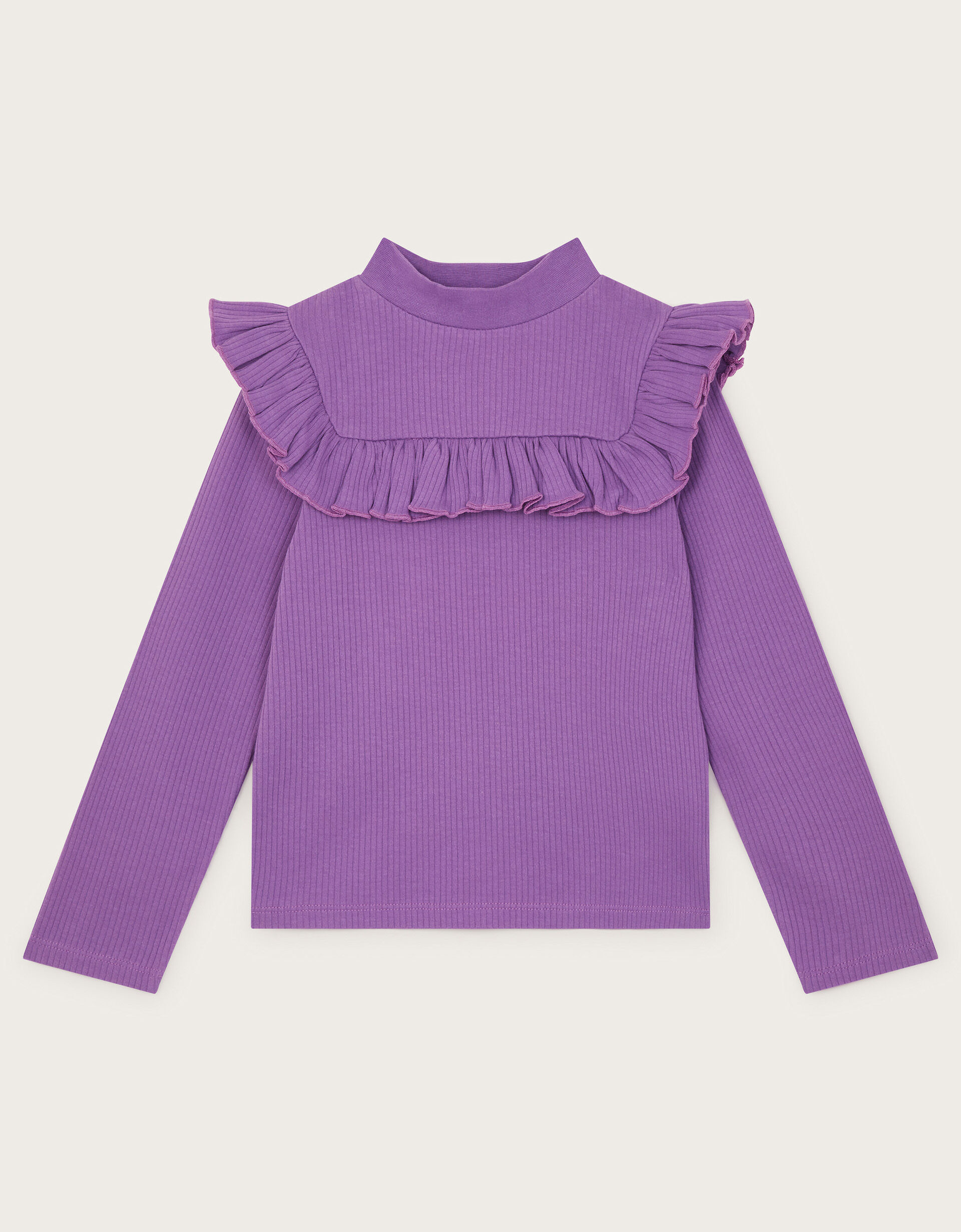Ribbed Frill Long Sleeve Top Purple