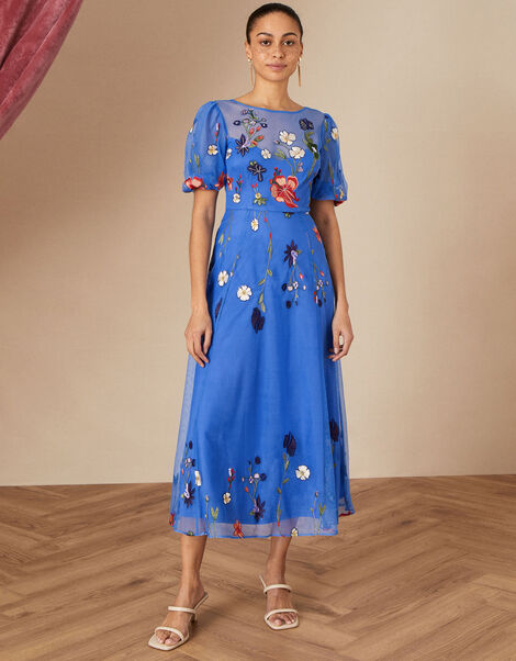 Andrea Embroidered Midi Dress is Recycled Polyester Blue, Blue (COBALT), large