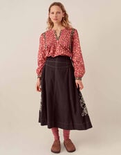 East Cora Floral Embroidered Cotton Twill Skirt, Blue (NAVY), large