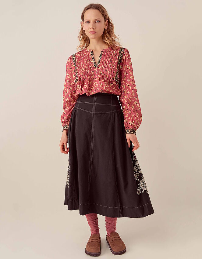 East Cora Floral Embroidered Cotton Twill Skirt, Blue (NAVY), large