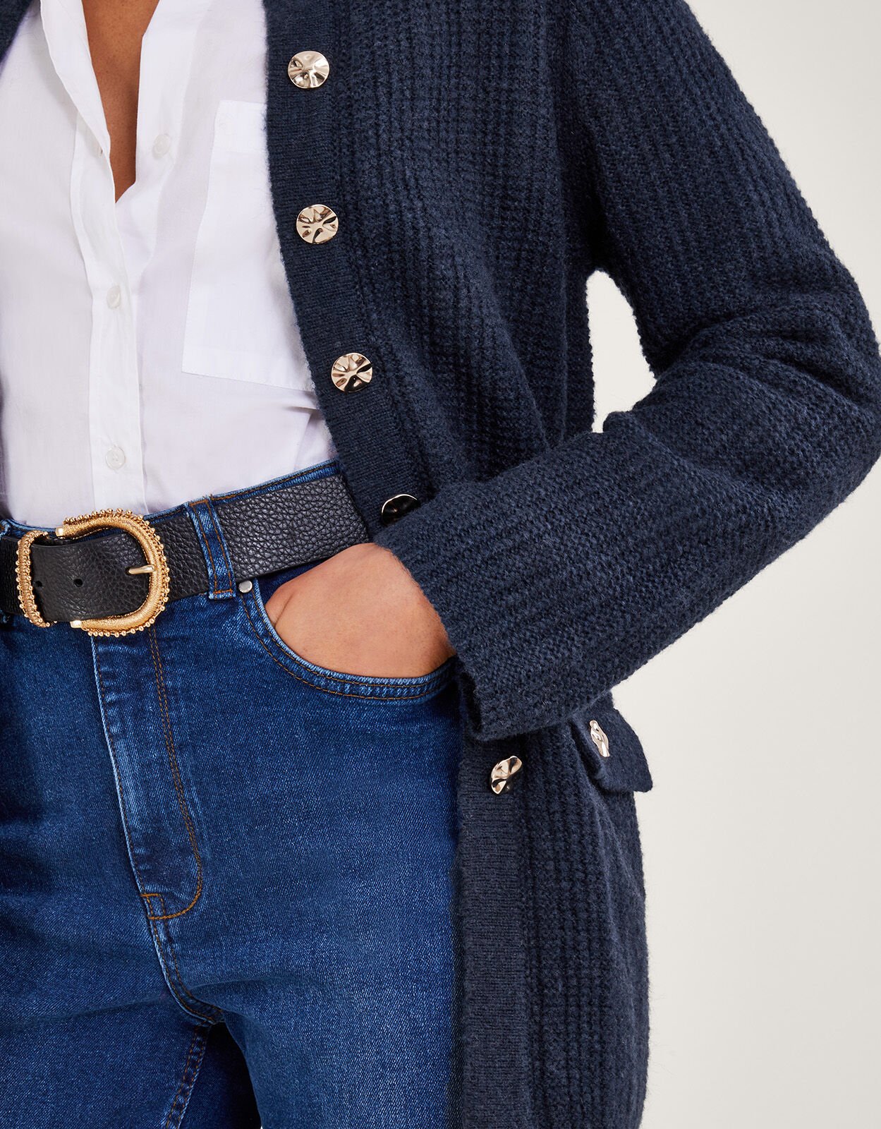 Navy longline cardigan with pockets 2025